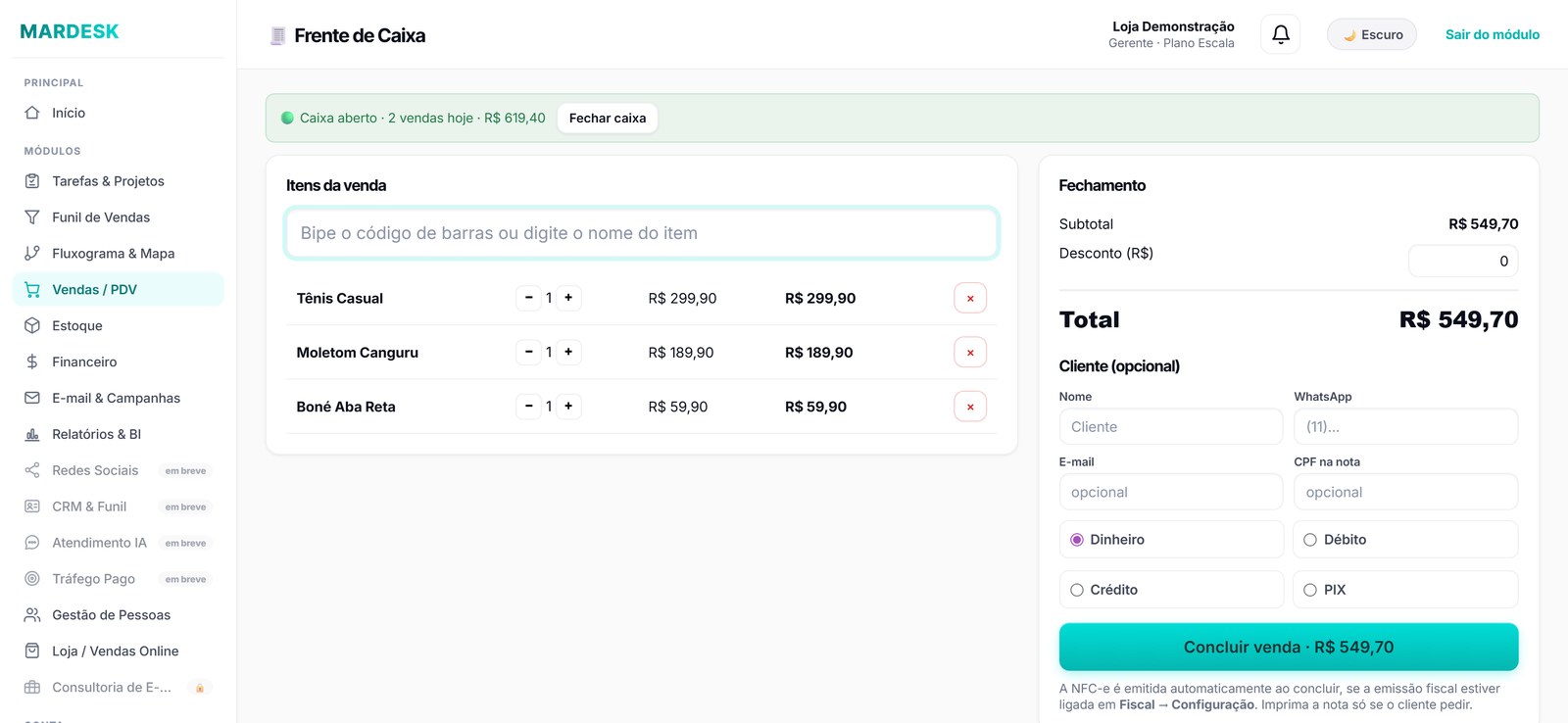 Frente de caixa do Mardesk em uso